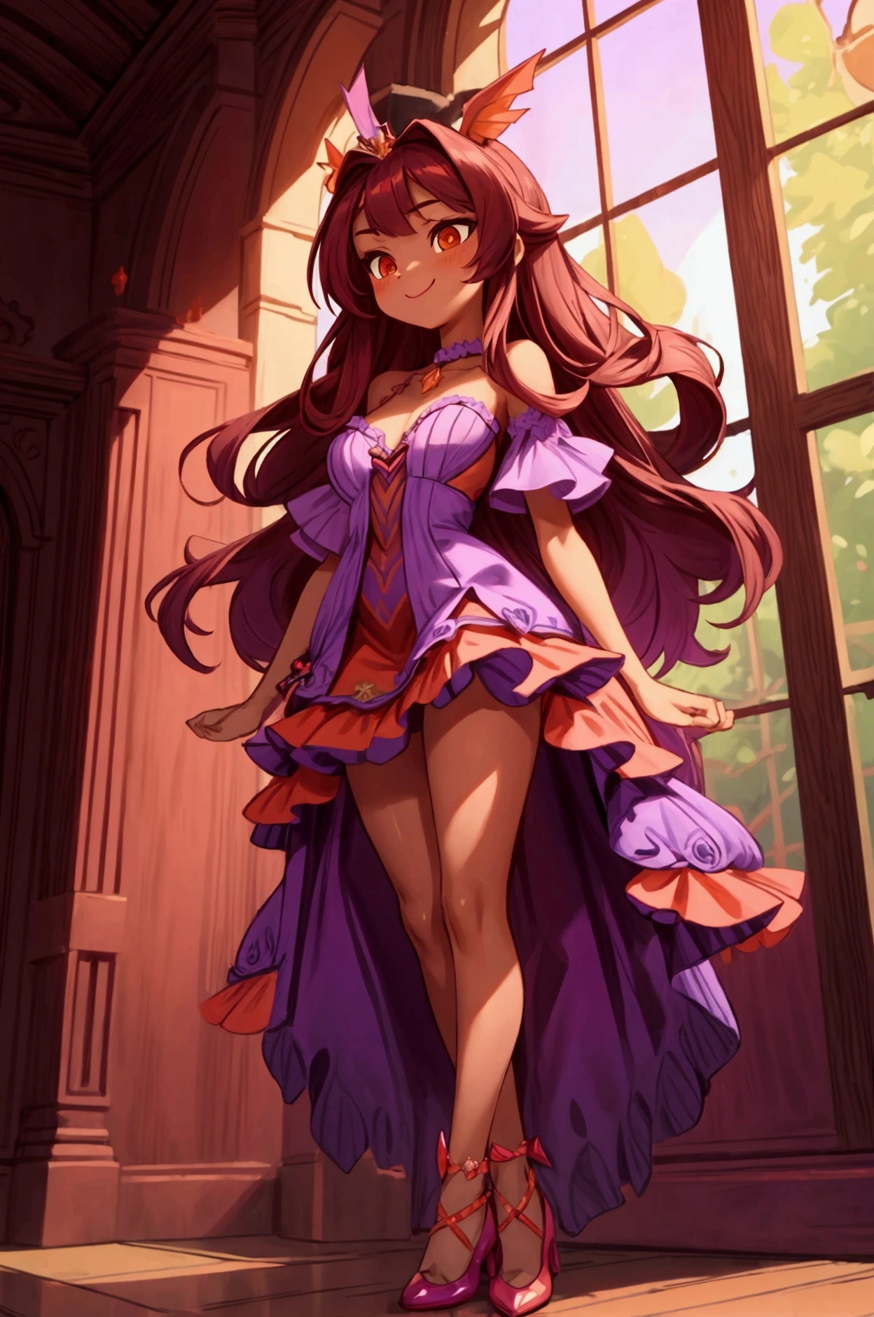 (Masterpiece, best quality) 1 girl, standing indoors with intricate details and sunlight, purple and red frilled dress with short neckline, purple shoes, red and yellow tornasol long hair, orange eyes, purple diadema in hair, brown skin, sexy smile, confidense attitude, sexy pose, coquette, beautiful long legs, mature teen girl, gorgeous body, pronounced breasts