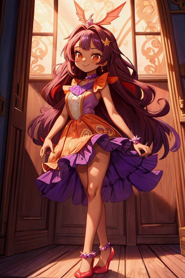 (Masterpiece, best quality) 1 girl, standing indoors with intricate details and sunlight, purple and red frilled dress with short neckline, purple shoes, red and yellow tornasol long hair, orange eyes, purple diadema in hair, brown skin, sexy smile, confidense attitude, sexy pose, coquette, beautiful long legs, mature teen girl, gorgeous body, pronounced breasts