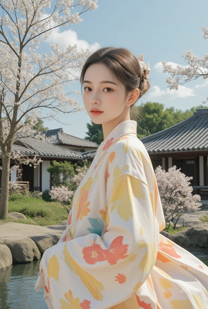 Kimono Girl、yukata、 traditional Japanese architecture、 cherry blossom trees 、garden pond 