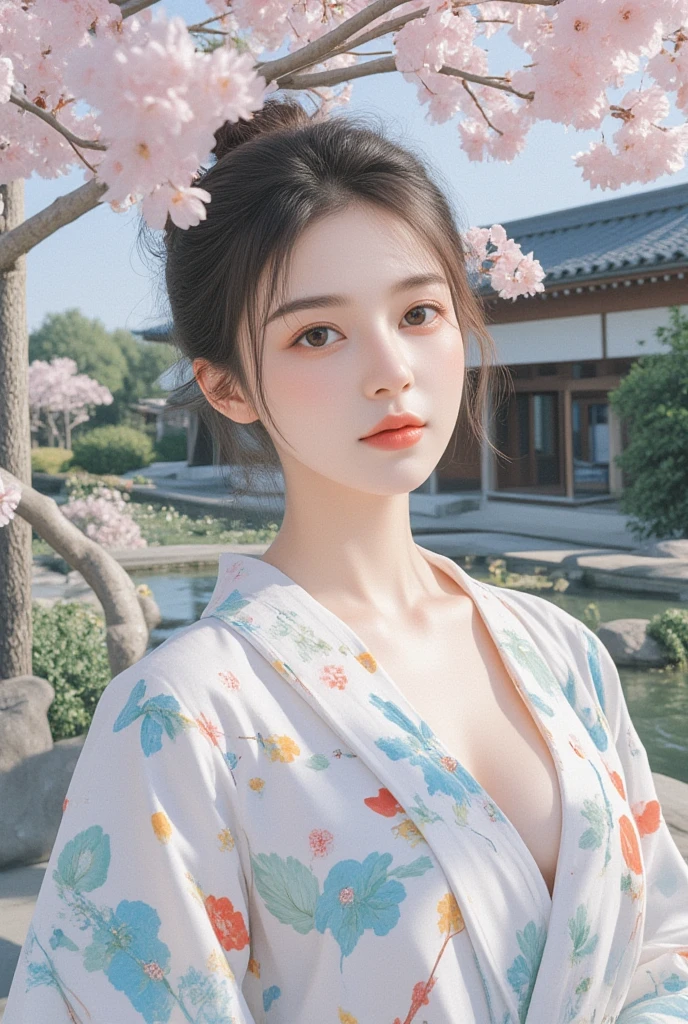 Kimono Girl、yukata、 traditional Japanese architecture、 cherry blossom trees 、garden pond 