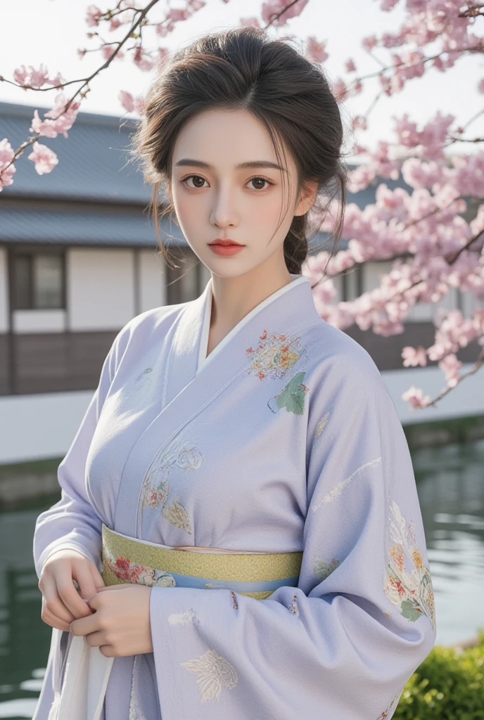 Kimono Girl、yukata、 traditional Japanese architecture、 cherry blossom trees 、garden pond 