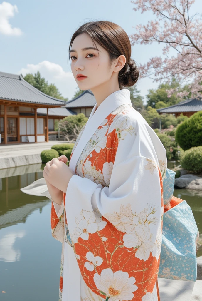 Kimono Girl、yukata、 traditional Japanese architecture、 cherry blossom trees 、garden pond 