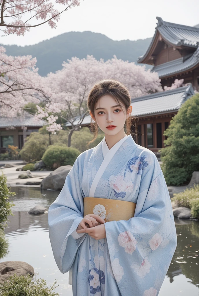 Kimono Girl、yukata、 traditional Japanese architecture、 cherry blossom trees 、garden pond 