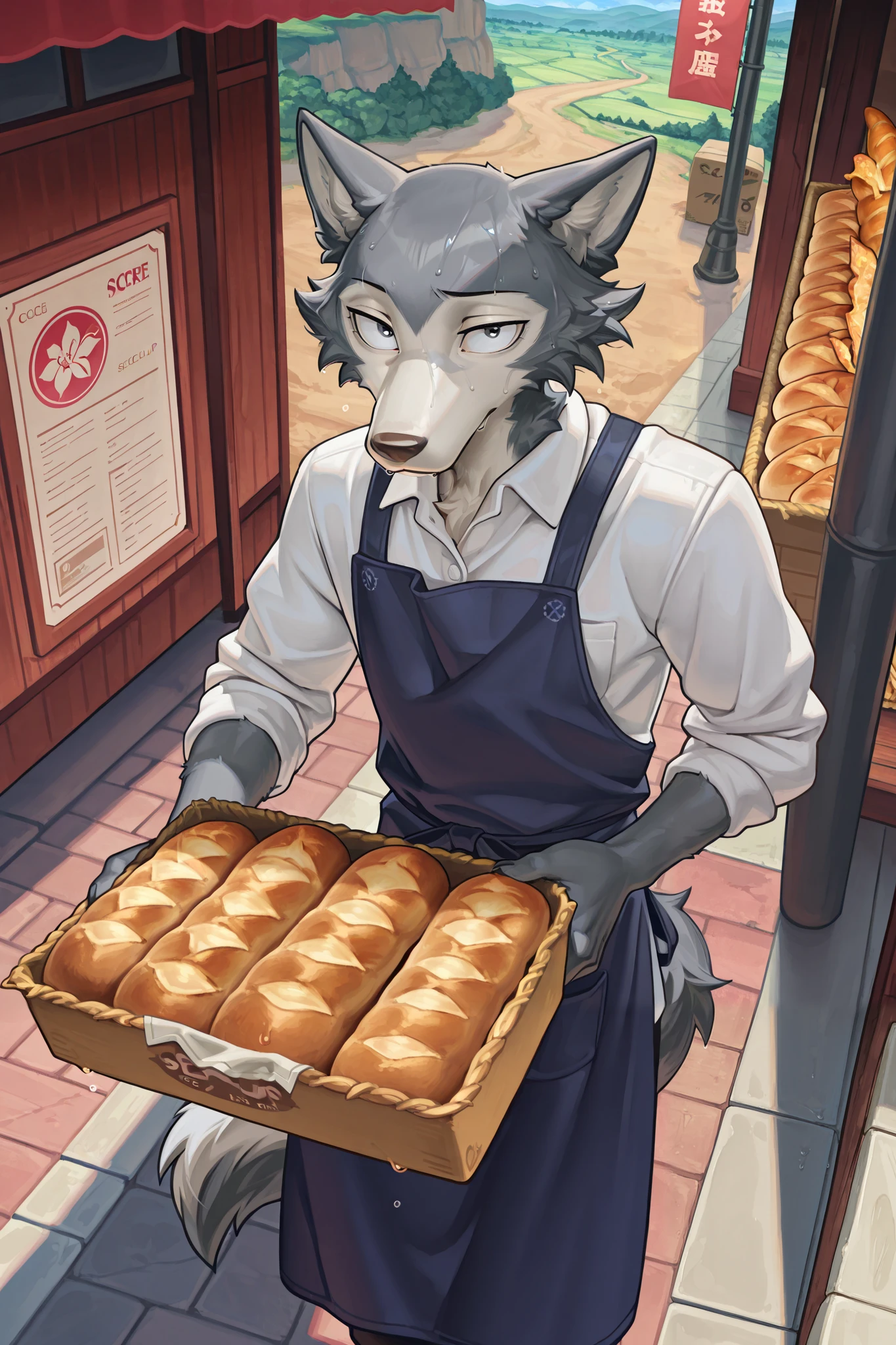 [char1="1guy, solo, tall, slim, anthro grey wolf, legoshi:1.5, from_beastars,white baker's 'clothes:1.5, sweating, in hurry:1.4, holds a lot of pack, baker's apron:1.5, "][pack=" stock of bread, detailed bread a lot of bread, box full of bread, perfect white box, detailed"], char1 {runs in the street|shells baked bread in the street} street's food stand, lineless, dynamic, sdxl, high detailed, extreme angle shot, neon lineeffect, perfect prospective, deep of view, anime style, landscape, by pixelsketcher:0.5