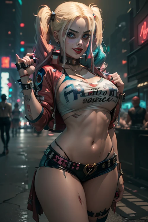 on the background, depicts a silhouette of Harley Quinn from the film Suicide Squad, wearing a green top and matching denim shorts.. She sits confidently on top of an obsolete rocket with military markings., its rusty appearance has faded over time. The city below is located among the swirling clouds., its tall structures bathed in the warm light of dusk.. This high quality illustration captures the charm of pin-up art., combining vintage charm and modern sophistication.