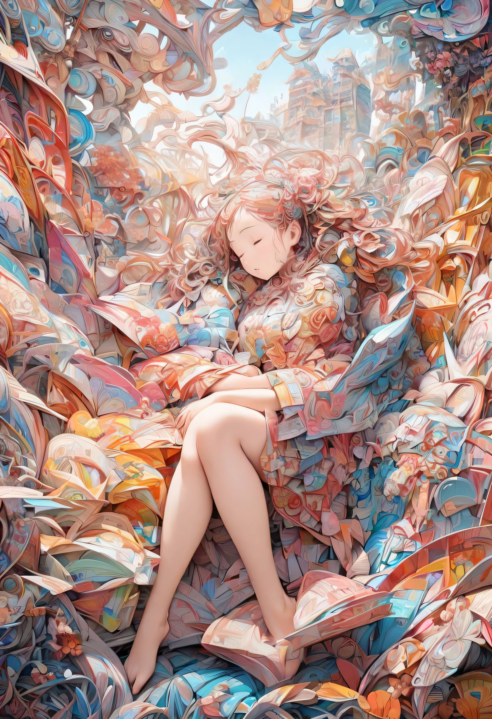 paper carving、Beautiful girl sleeping holding her knees、, colorful 、Three-dimensional、 deep composition、 anatomically accurate