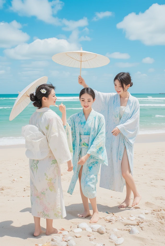 Beach、Yukata girls、Waves、parasol、shell