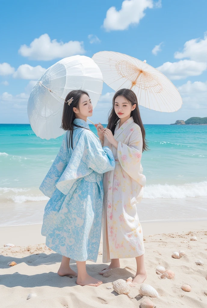 Beach、Yukata girls、Waves、parasol、shell