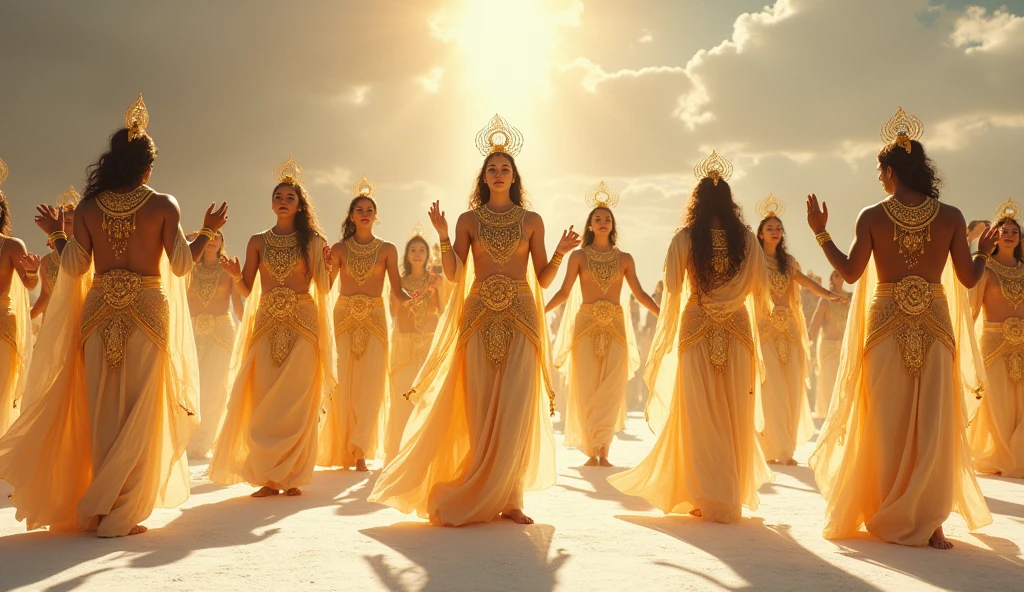 "A serene, early morning landscape where people are depicted in various activities, suddenly enveloped in a warm, golden glow. In the foreground, individuals are shown in the midst of being transformed: their earthly bodies shimmering and transitioning into glorified, radiant forms. The transformation is depicted as happening 'in the twinkling of an eye,' with expressions of awe and reverence on the faces of the transformed. The backdrop shows the first light of dawn, symbolizing new beginnings and eternal life."
