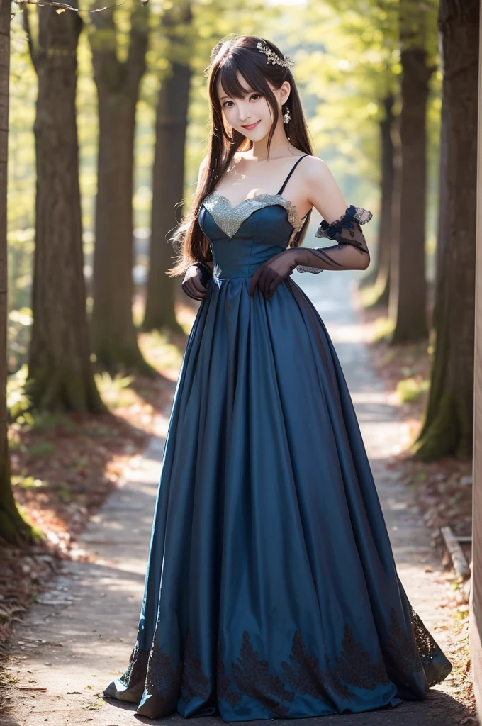  wearing a blue dress with a long skirt,   Japanese idol 、Full dress,  fantasy dress,  Elegant and Attractive Cosplay , Japanese model wearing fantasy style formal attire ,  black shimecut hairstyle,  looking at camera、Detailed and beautiful eyes、 cute smile、 soft and gentle expression 、The background is a deep forest