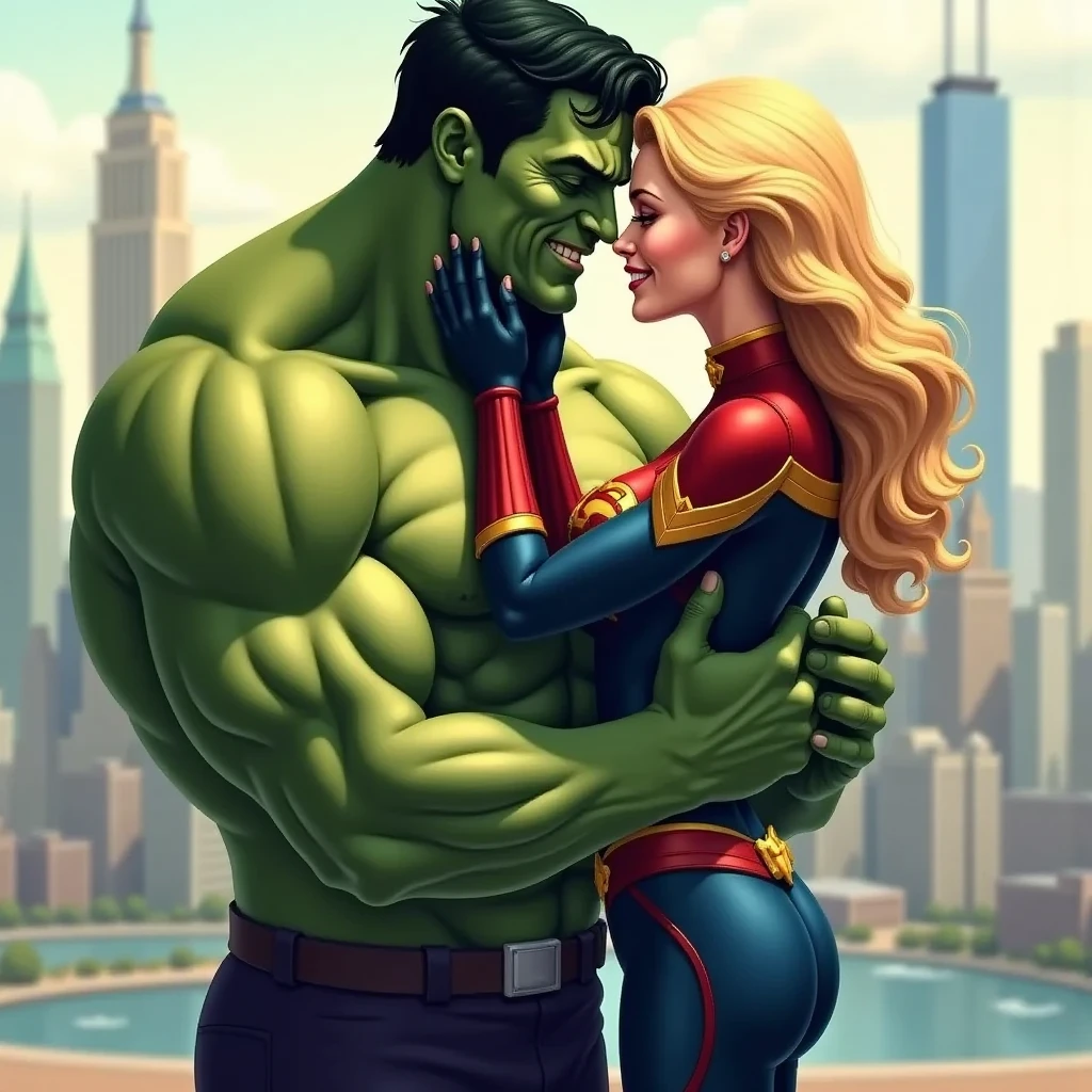 Superwoman in the arms of the Hulk - Hulk is slightly larger Superwomen - both look very sexy 