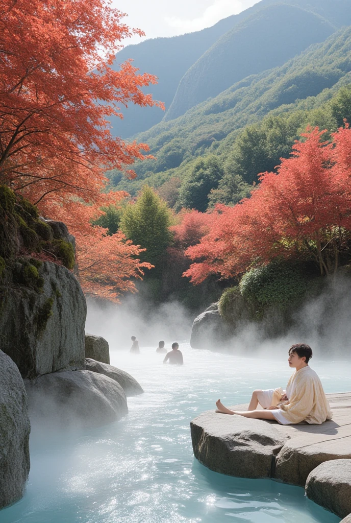 Mountain hot springs、Wooden boardwalk 、 travelers in yukata、 hot spring water vapor 、Maple Forest