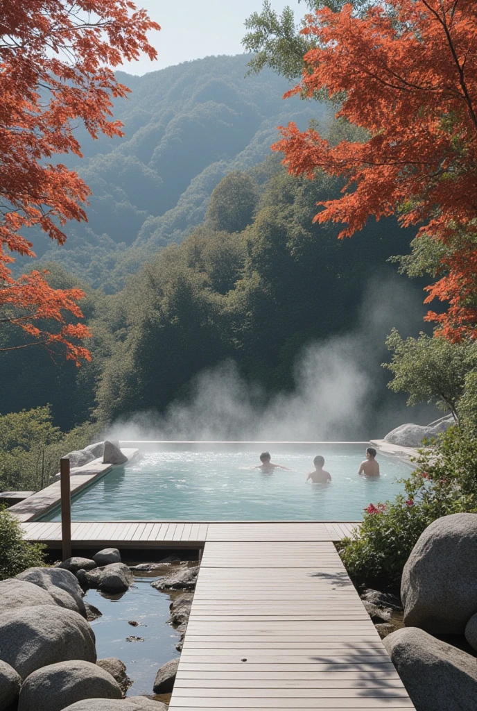 Mountain hot springs、Wooden boardwalk 、 travelers in yukata、 hot spring water vapor 、Maple Forest