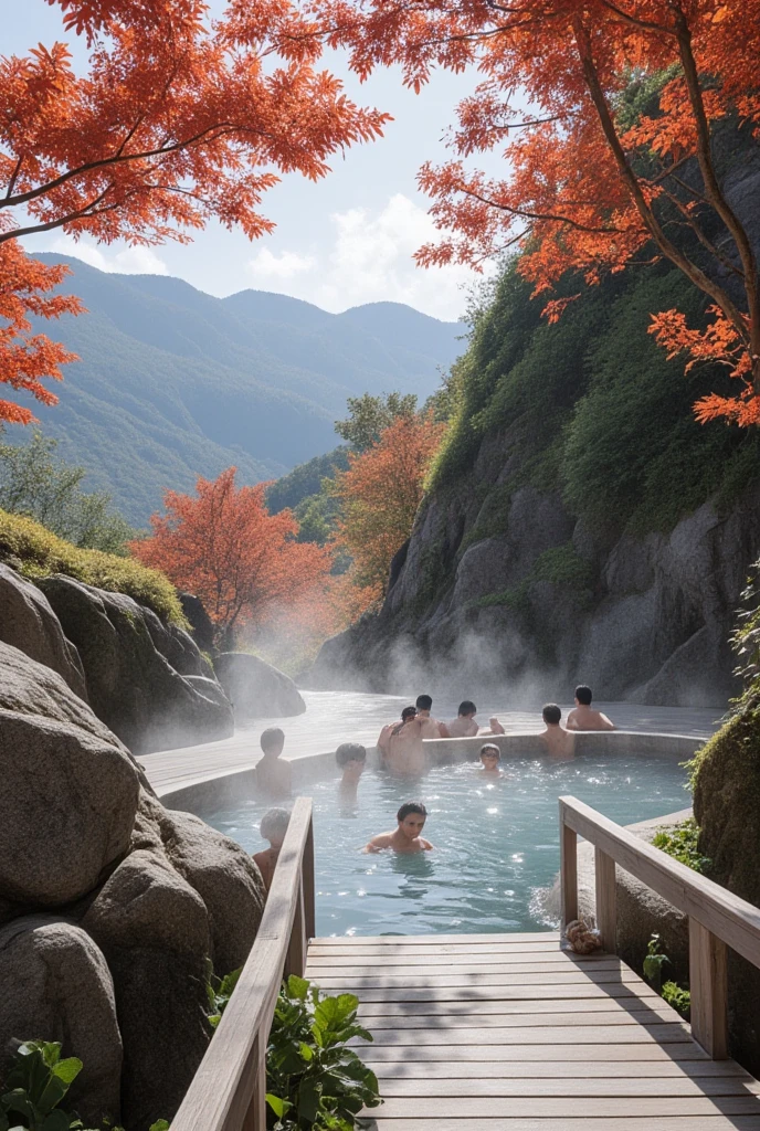 Mountain hot springs、Wooden boardwalk 、 travelers in yukata、 hot spring water vapor 、Maple Forest