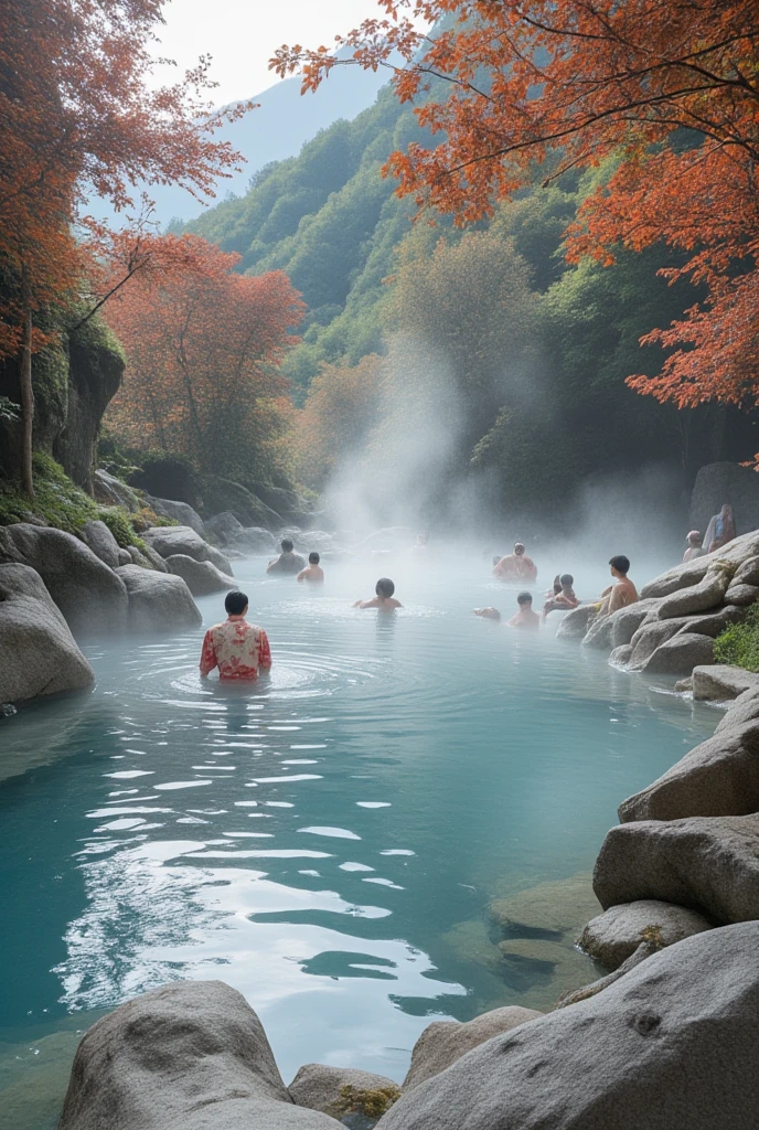 Mountain hot springs、Wooden boardwalk 、 travelers in yukata、 hot spring water vapor 、Maple Forest