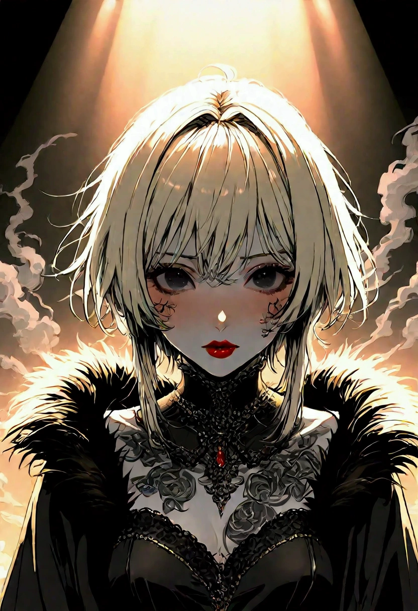 In anime style、鋭い赤い目をした女性の Super Detailed Illustration , Apricot skin,  Classic Diesel Symbolic Punk ,  Extremely Complex and Hyper Maximalist 、 Thomas Allen Copella 、 Gothic Black Fur Clothes 、 Close-up Macro Portrait of a Young Royal Dragon Queen praising the beauty of heaven、 Long Platinum Blonde Hair Fluttering in the Wind and Wings of a Dragon Scallop , magic： The Gathering ,  Pale Wet Skin with Dark Eyes and Red Lipstick  , Lord of the Rings ,  vivid high contrast ,  by Andrei Riaboitchev ， Ominous Complicated ,fashion photo shoot,  glamorous pose,  trending on artstation , Dramatic lighting, ice, Fire and Smoke ,  Winter Orthodox Diesel Symbolic Punk , mist,  Ambient Occlusion ,  volumetric lighting ,  Cinematic Tribal Fantasy ,  Bioshock ,  glamorous, Emotional, Tattoo, were taken in a photo studio,  professional studio lighting,  backlight,  rim lighting , Deviant-art,  Super Detailed Illustration , 8k