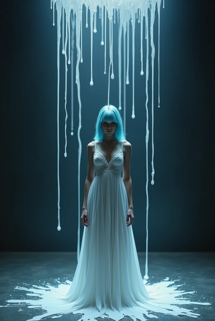 extremely hot woman with straight light blue hair , Stands in the middle of a dark room , Where from the ceiling does white paint run down .  The paint runs down your body which comes from the ceiling and the color gives the visual impression as if you were wearing a white dress