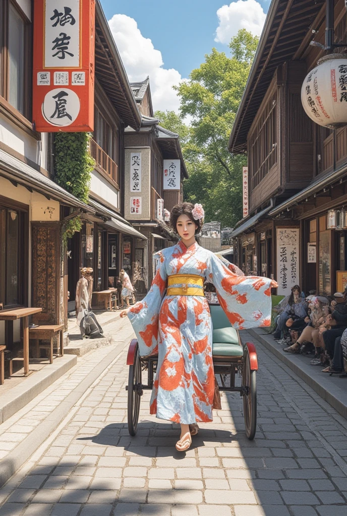 City Streets、Japanese-style yukata、rickshaw、Traditional store signs、Cobblestone Road