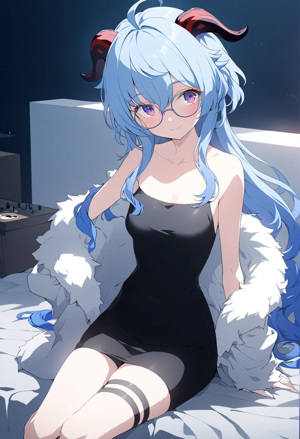 anime girl with long hair sitting on a bed, a gorgeous woman in a black leather long dress, off shoulder, wearing a white fur coat, beauty spots, sitting  indoor, neon light, vibrant colors, cinematic lighting, dynamic pose, whole body, large anime eyes, highly detailed eyes, natural skin, natural skin texture, subsurface scattering, muted colors, skin pores, score_9, score_8_up, score_7_up, (sfw), (cowboy shot, dutch angle:1.2), 1girl, solo, mature female, smiling, closed mouth , wearing round glasses, 1girl, solo, mature female, thigh strap, ganyu, blue hair, goat horns, horns, long hair, purple eyes, sidelocks, shiney skin, (negative_v2 Color_Balance_Calibration:0.8), Stable_Yogis_Animetoon_Negatives, aidxlv05_neg, negativeXL_D