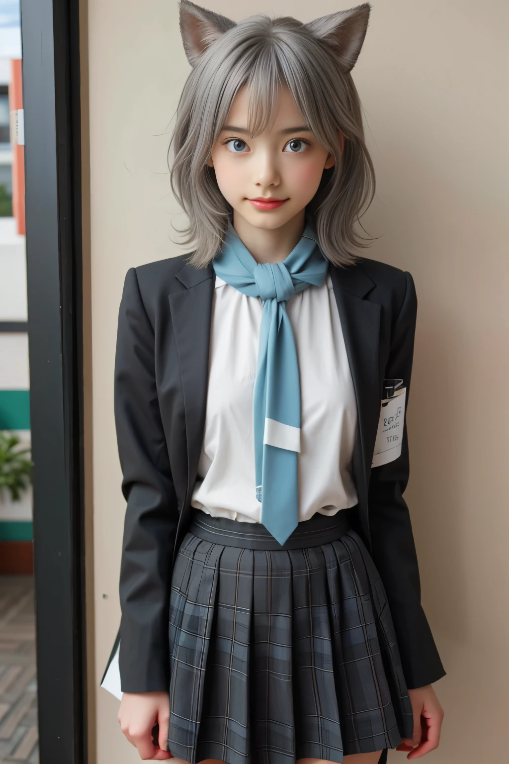 best quality, tmasterpiece,Ultra-high resolution,Clear face,（Reality：1.4），ferpect lighting，(upper body photo), (photorealistic:1.50), anime wallpaper, Guviz style artwork, cover-up fantasy up to magic , by Yang J, Guviz, beautiful artwork illustration, beautiful digital artwork, beautiful digital illustration, Li Song, beautiful anime portrait, art style in Beauvot, bluearchiveshiroko, animal ears, blue eyes, (gray hair:1.5), hair ornament, hair clip, Halation, medium hair, wolf ears,
BREAK plaid shirts, plaid skirts, school uniforms, skirts, scarves,
BREAK looking at the viewers, 
BREAK indoors, classrooms, standing,