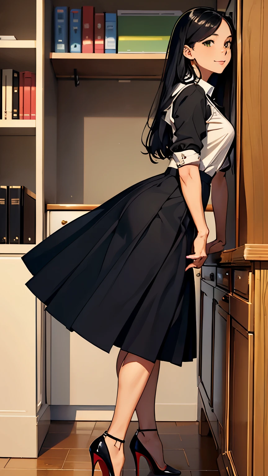    ((masterpiece, high resolution, better quality, better details)), ((Smiling)), ((one girl)) a girl sitting at a large wooden desk, full body, wearing a pleated maxi skirt, long skirt, ((long skirt without openings)), paired with a fitted cardigan, ((Louboutin high heels)), green eyes, ((black hair, long hair)), shiny skin, ((top view)), solo, from above, full body, focus full body, in a stylish office, writing in a notebook