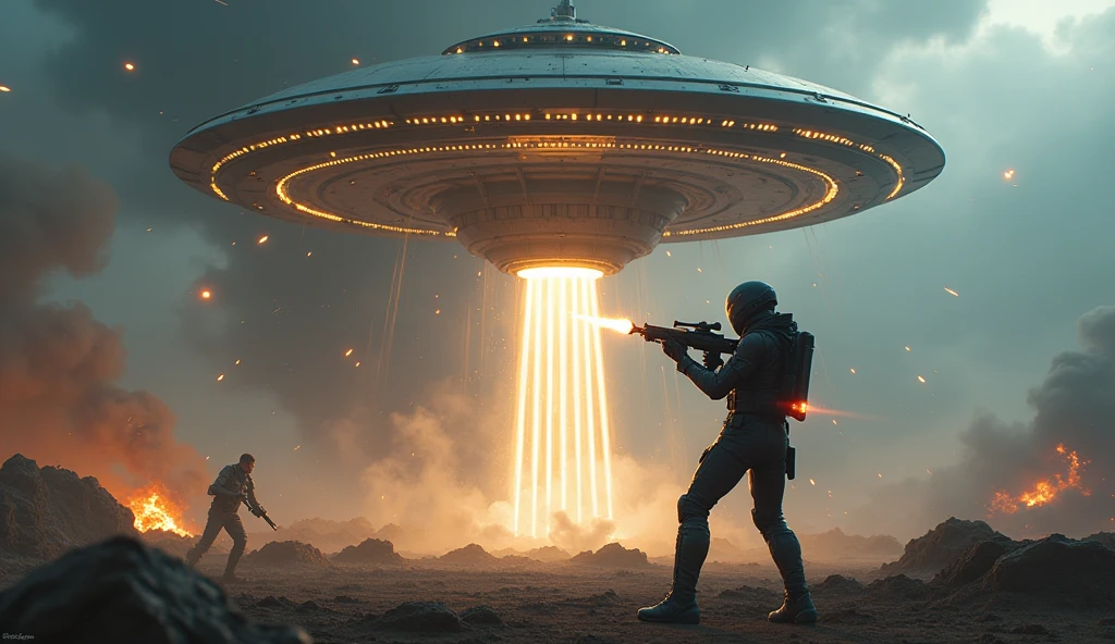 cinematic image, high quality, shadows and real lights, 8k, 2 samurai dueling on the surface of the moon with flying saucer that is hovering with mysterious lights