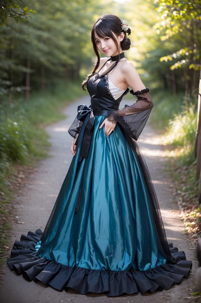  wearing a blue dress with a long skirt,   Japanese idol 、Full dress,  fantasy dress,  Elegant and Attractive Cosplay , Japanese model wearing fantasy style formal attire ,  black shimecut hairstyle,  looking at camera、Detailed and beautiful eyes、 cute smile、 soft and gentle expression 、The background is a deep forest