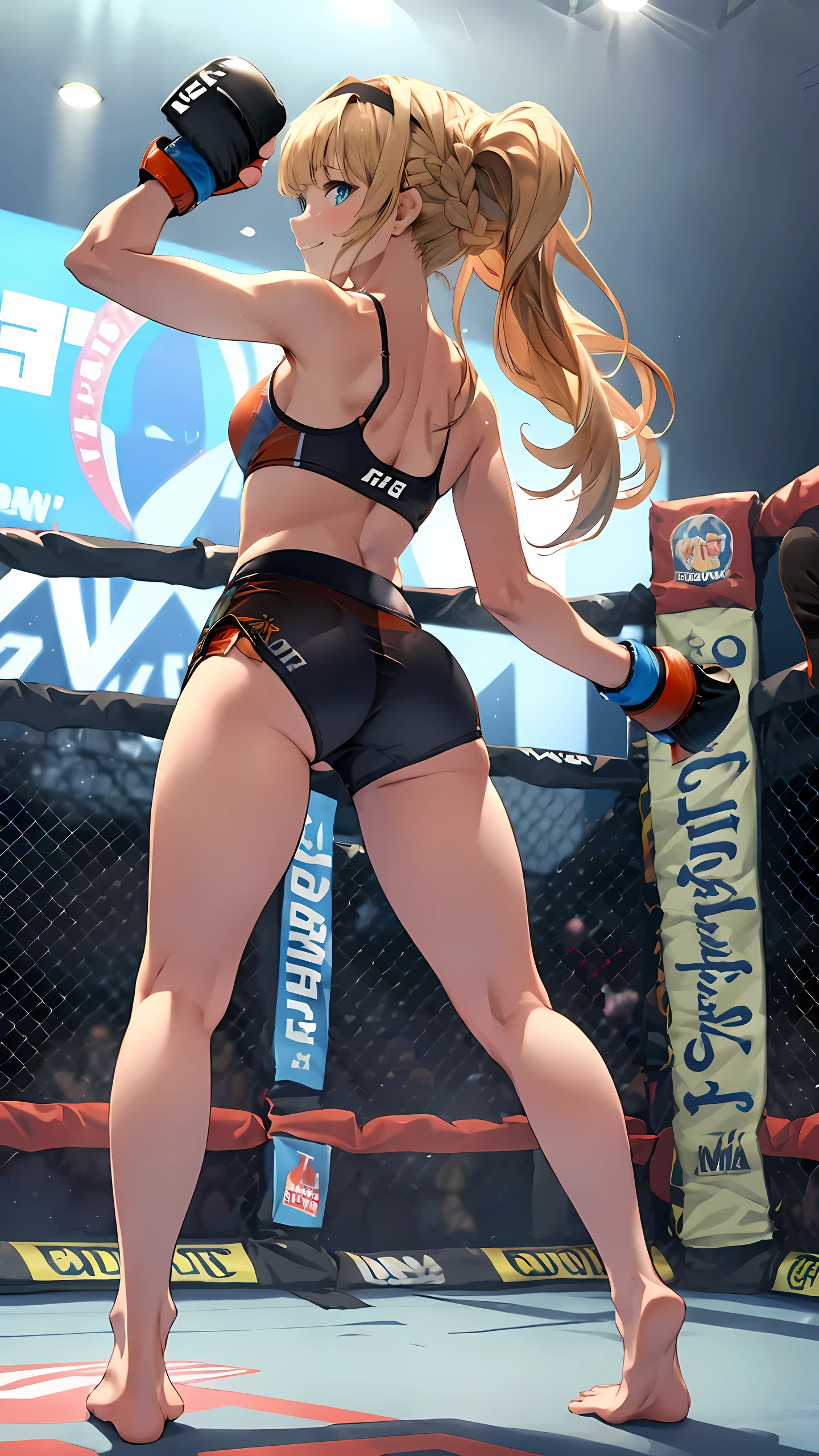 zetadef, braid, hair intakes, twintails, hairband,
Detailed eyes,(wearing sports wear:1.5, bare thigh), slim long legs, large breast, Perfect body,(Independent),(on MMA Arena :1.5), smirking, Toned body, Ultra HD,Detailed eyes,Detailed face, full body shot, looking at viewer,(from behind, low angle), twisting the waist, stretch back,