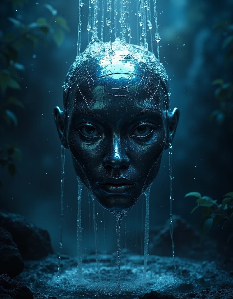 Book cover : dark ethereal blue , Foreground is a metal floating head sculpture with water dripping down from its head dripping down,