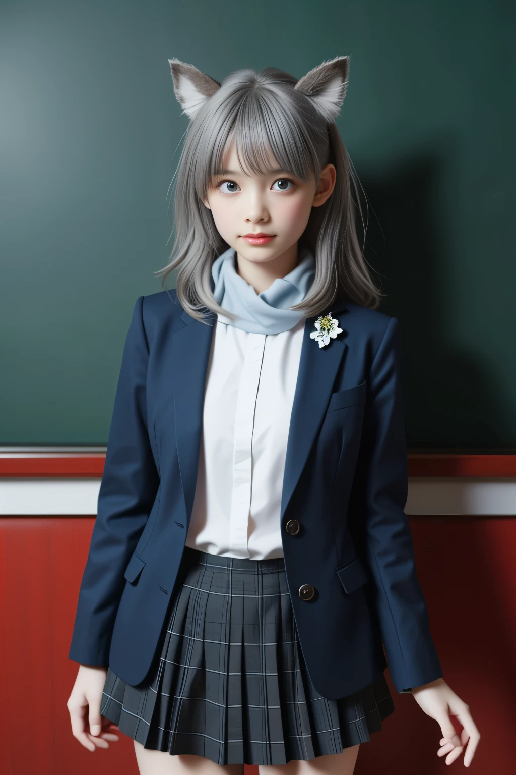 best quality, tmasterpiece,Ultra-high resolution,Clear face,(Reality:1.4),ferpect lighting,(upper body photo), (photorealistic:1.50), anime wallpaper, Guviz style artwork, cover-up fantasy up to magic , by Yang J, Guviz, beautiful artwork illustration, beautiful digital artwork, beautiful digital illustration, Li Song, beautiful anime portrait, art style in Beauvot, bluearchiveshiroko, animal ears, blue eyes, (gray hair:1.5), hair ornament, hair clip, Halation, medium hair, wolf ears,
BREAK plaid shirts, plaid skirts, school uniforms, skirts, scarves,
BREAK looking at the viewers,
BREAK indoors, classrooms,