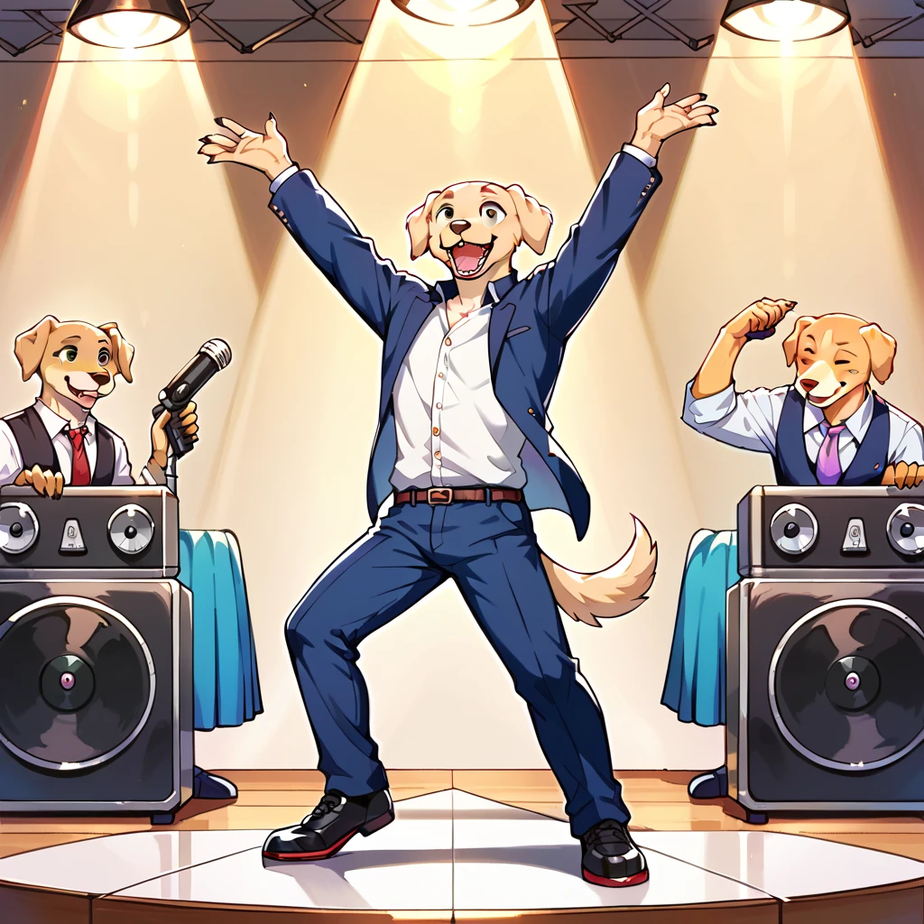 score_9, score_8_up, score_7_up, Jack, Labrador Retriever, happy, male, brown eyes, furry, dancing on DDR machine