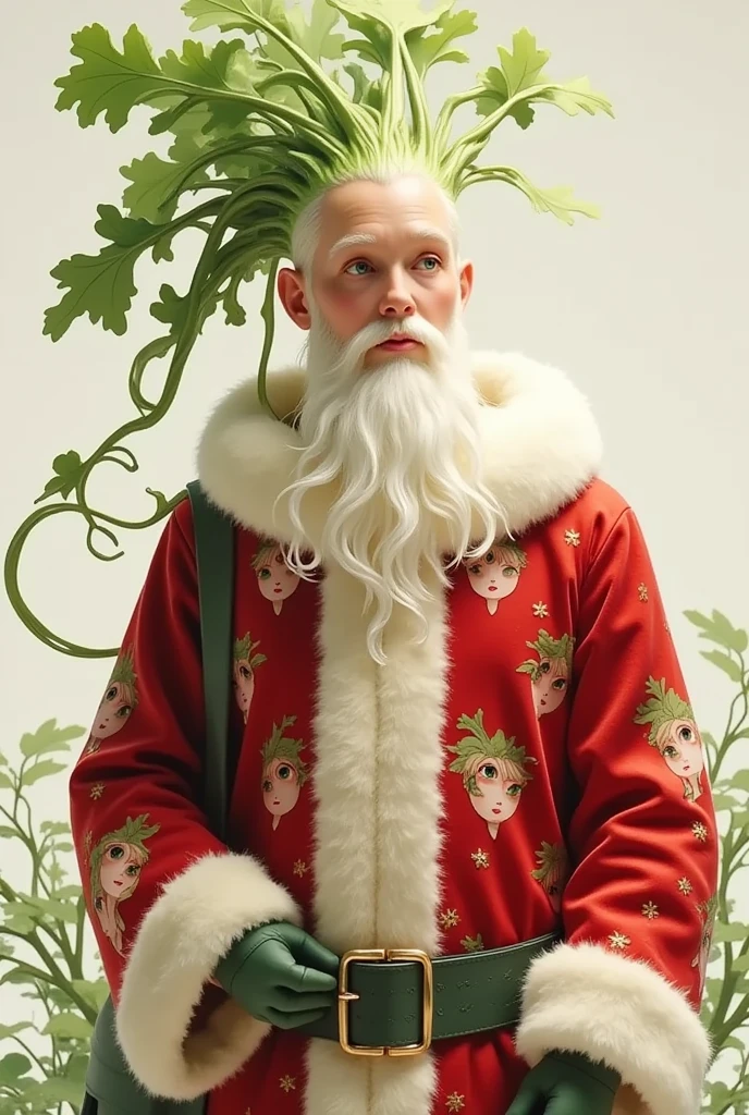 Create an image of a Santa Claus costume printed a daikon lady