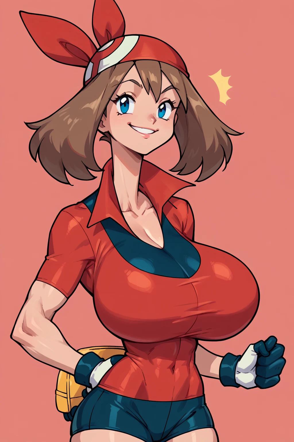 score_9, score_8_up, score_7_up, score_6_up, BREAK, MayPXL, solo, blue eyes, brown hair, short hair, red bandana, red shirt, short sleeves, gloves, black shorts, torso, smug smile, gigantic bust, toned, strong, bimbo body, 