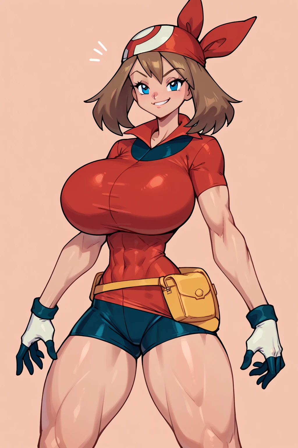 score_9, score_8_up, score_7_up, score_6_up, BREAK, MayPXL, solo, blue eyes, brown hair, short hair, red bandana, red shirt, short sleeves, gloves, black shorts, torso, smug smile, gigantic bust, toned, strong, bimbo body, 