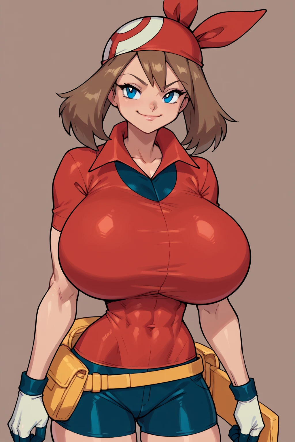 score_9, score_8_up, score_7_up, score_6_up, BREAK, MayPXL, solo, blue eyes, brown hair, short hair, red bandana, red shirt, short sleeves, gloves, black shorts, torso, smug smile, gigantic bust, toned, strong, bimbo body, 