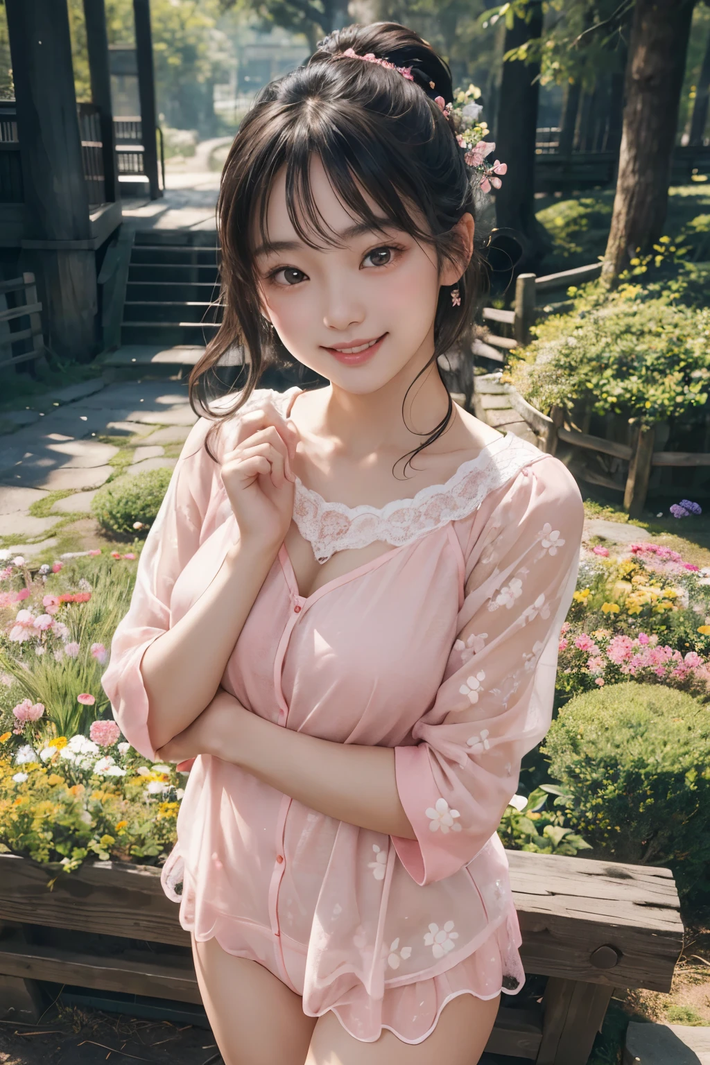 1 young girl,very cute and beautiful japanese teen actress,highly detailed beautiful face,
laced pink micro underwear,looking at viewer,(smile:1.2),happy,cheerful,solo,standing,cowboy shot,
flower garden,forest,real person,photorealistic,8k,raw photo,perfect hands,
super detailed,wonderful girl,attractive girl,sophisticated,highest quality,