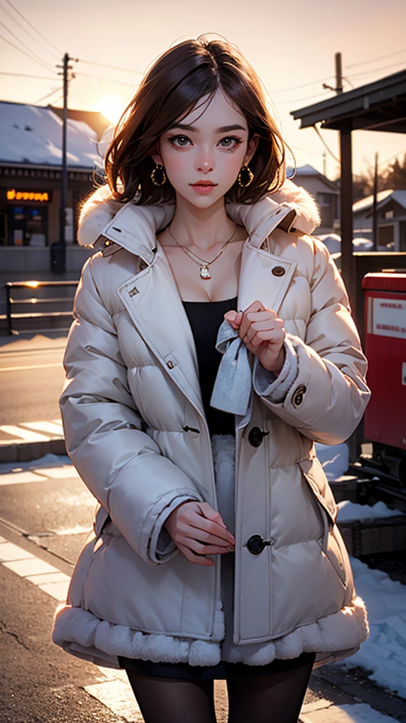 1girl, pretty, cute face, most beautiful in the world, soft, delicate, standing, warming own hands, in winter, she is waiting for, looking at viewer, (((HD photo))), ultra high res, photorealistic:1.4, UHD, masterpiece, trending on artstation, portrait, closeup of face and cleavage, (brown hair, short hair, detailed description), detailed sharp face, detailed skin, (wearing a necklace and earrings), (wearing a white winter coat, BREAK sweater, brown long skirt, pantyhose), perfect description, (beautiful sunset, winter, at station platform)