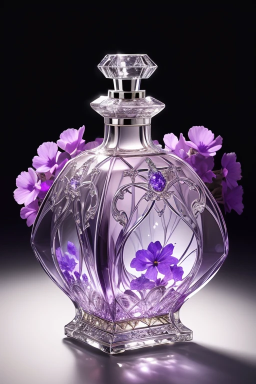 Bottle Design  、 rococo luxury square crystal perfume bottle decorated with beautiful violet flowers and birds、　  decorated with beautiful violet flowers and birds、milk colored background  　 Silver lighting、 30 megapixel   、  Photographed by a Professional Photographer  、Excellent lighting、  Masterpiece