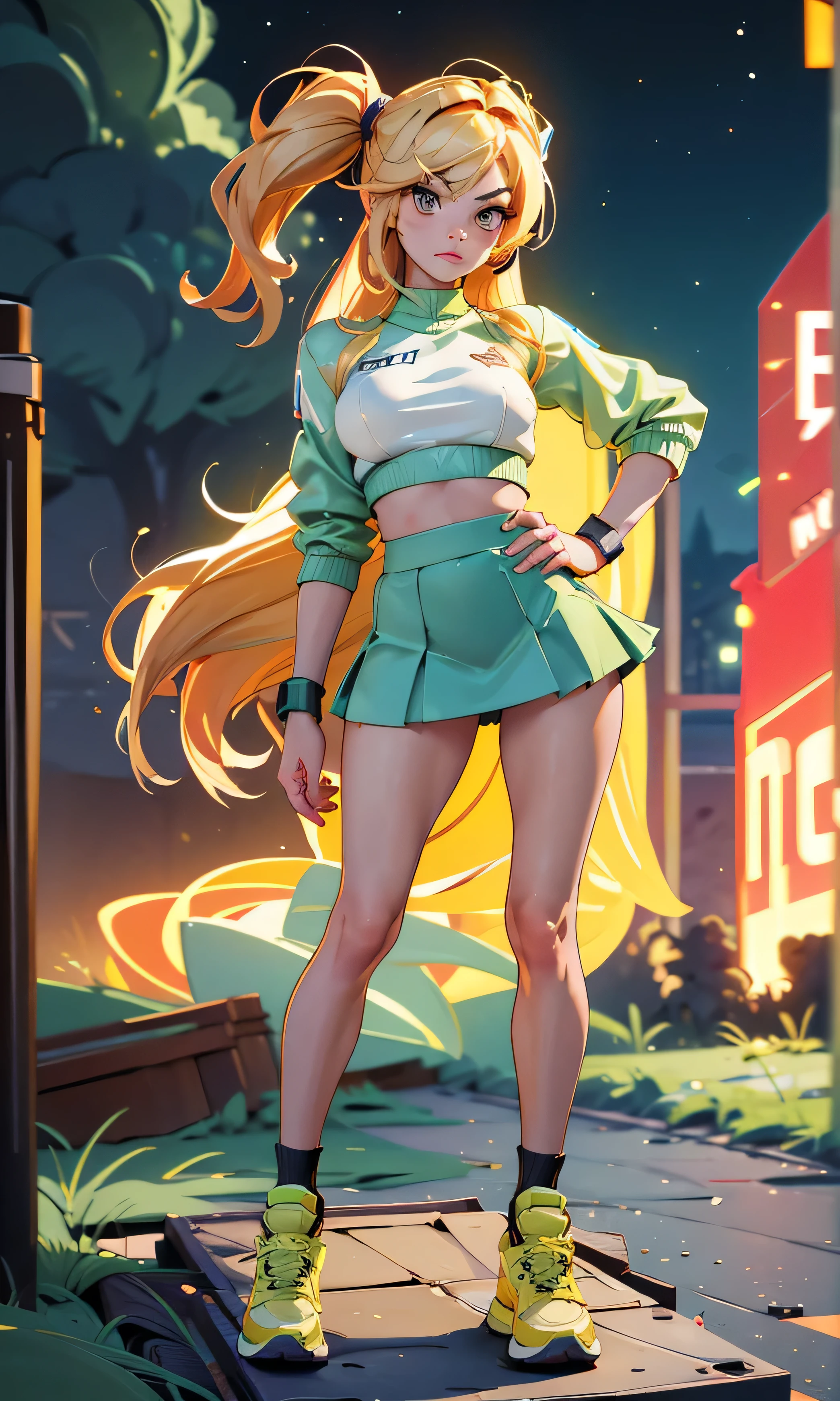 masterpiece, 1 girl, beautiful, slim, head on, looking at the viewer, long hair , blond hair , brown eyes, arched eyebrows , full body , nice legs, abdomen plano, Kpop outfit , green miniskirt, white top, sports shoes , (((desnuda))), right side, on an abandoned bridge, dark sky,