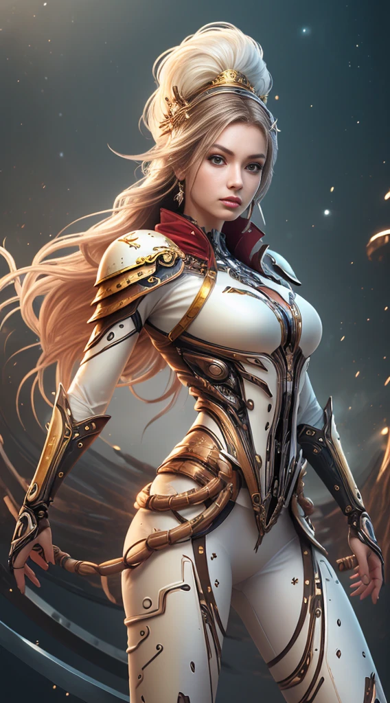 (((Masterpiece))), Ultra high quality, super detailed, 4K highly detailed digital art, Epic strong female warrior from the future, (realistic face), Fierce woman, white outfit, (Strong whole body pose), (stunning exotic beauty), Brazilian beauty, Very athletic, (muscular woman),((Wearing white biomechanical armor)), (Soft white clothes underneath the armor), Golden outlines on armor, armor shining, (white biomechanical armor), armor glimmering, neon lights on armor, Ultra athletic warrior woman from other galaxy, (white bodysuit armor), (skin tight bodysuit), white clothes (white armor), (muscular body), ((She has a katana)), she is glimmering and sparkles all around her, her beauty is out of this world, ultra beautiful, detailed face, Her mighty and all power is shining through her being, she is a warrior to defend the weak and empowering the feminine, Feminine empowerment, she is galaxy rider, Astronomical galaxy backround far far away from the earth where the mythological creatures live. She is hovering over the ground on a far away planet. Her strength is showing even the ground is shaking, HDR (High Dynamic Range), PBR Textures, Super Resolution, Multi-layer Textures