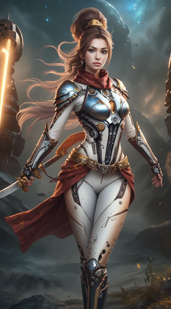 (((Masterpiece))), Ultra high quality, super detailed, 4K highly detailed digital art, Epic strong female warrior from the future, (realistic face), Fierce woman, white outfit, (Strong whole body pose), (stunning exotic beauty), Brazilian beauty, Very athletic, (muscular woman),((Wearing white biomechanical armor)), (Soft white clothes underneath the armor), Golden outlines on armor, armor shining, (white biomechanical armor), armor glimmering, neon lights on armor, Ultra athletic warrior woman from other galaxy, (white bodysuit armor), (skin tight bodysuit), white clothes (white armor), (muscular body), ((She has a katana)), she is glimmering and sparkles all around her, her beauty is out of this world, ultra beautiful, detailed face, Her mighty and all power is shining through her being, she is a warrior to defend the weak and empowering the feminine, Feminine empowerment, she is galaxy rider, Astronomical galaxy backround far far away from the earth where the mythological creatures live. She is hovering over the ground on a far away planet. Her strength is showing even the ground is shaking, HDR (High Dynamic Range), PBR Textures, Super Resolution, Multi-layer Textures