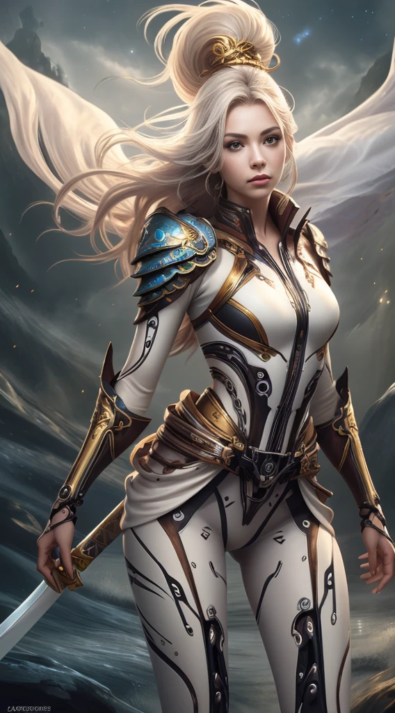 (((Masterpiece))), Ultra high quality, super detailed, 4K highly detailed digital art, Epic strong female warrior from the future, (realistic face), Fierce woman, white outfit, (Strong whole body pose), (stunning exotic beauty), Brazilian beauty, Very athletic, (muscular woman),((Wearing white biomechanical armor)), (Soft white clothes underneath the armor), Golden outlines on armor, armor shining, (white biomechanical armor), armor glimmering, neon lights on armor, Ultra athletic warrior woman from other galaxy, (white bodysuit armor), (skin tight bodysuit), white clothes (white armor), (muscular body), ((She has a katana)), she is glimmering and sparkles all around her, her beauty is out of this world, ultra beautiful, detailed face, Her mighty and all power is shining through her being, she is a warrior to defend the weak and empowering the feminine, Feminine empowerment, she is galaxy rider, Astronomical galaxy backround far far away from the earth where the mythological creatures live. She is hovering over the ground on a far away planet. Her strength is showing even the ground is shaking, HDR (High Dynamic Range), PBR Textures, Super Resolution, Multi-layer Textures