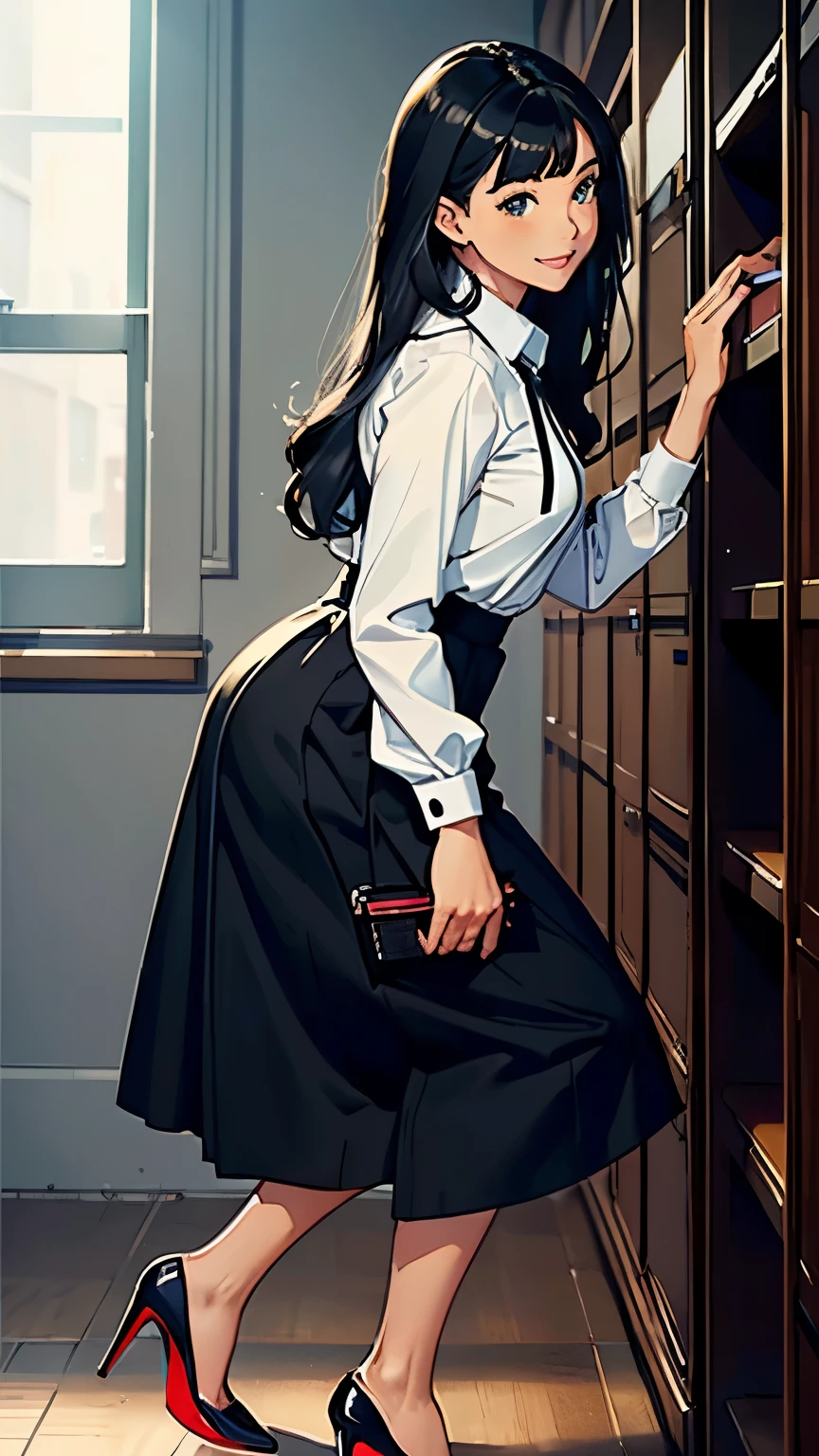    ((masterpiece, high resolution, better quality, better details)), ((Smiling)), ((one girl)) a girl sitting at a large wooden desk, full body, wearing a pleated maxi skirt, long skirt, ((long skirt without openings)), paired with a fitted cardigan, ((Louboutin high heels)), green eyes, ((black hair, long hair)), shiny skin, ((top view)), solo, from above, full body, focus full body, in a stylish office, writing in a notebook