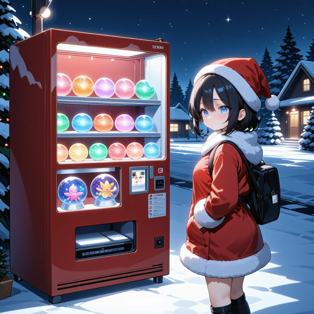 A magical and captivating scene of a 'Midnight Vending Machine' featuring a cute and surprised Santa girl in a festive outfit. She is standing close to the glowing vending machine, her wide eyes and expression of shock highlighted as she notices bizarre and whimsical items for sale inside. The vending machine shelves showcase glowing magical orbs of various colors, small fantasy creatures like fluffy miniature dragons and glowing fairies, as well as enchanted snow globes and sparkling toys. The surreal glow from the vending machine illuminates her face and festive red outfit, adding to the wonder and mystery of the scene. The snowy midnight street background features faint stars, quiet houses, and twinkling festive lights. The art style is anime-inspired, vibrant, and detailed, emphasizing charm and whimsy.