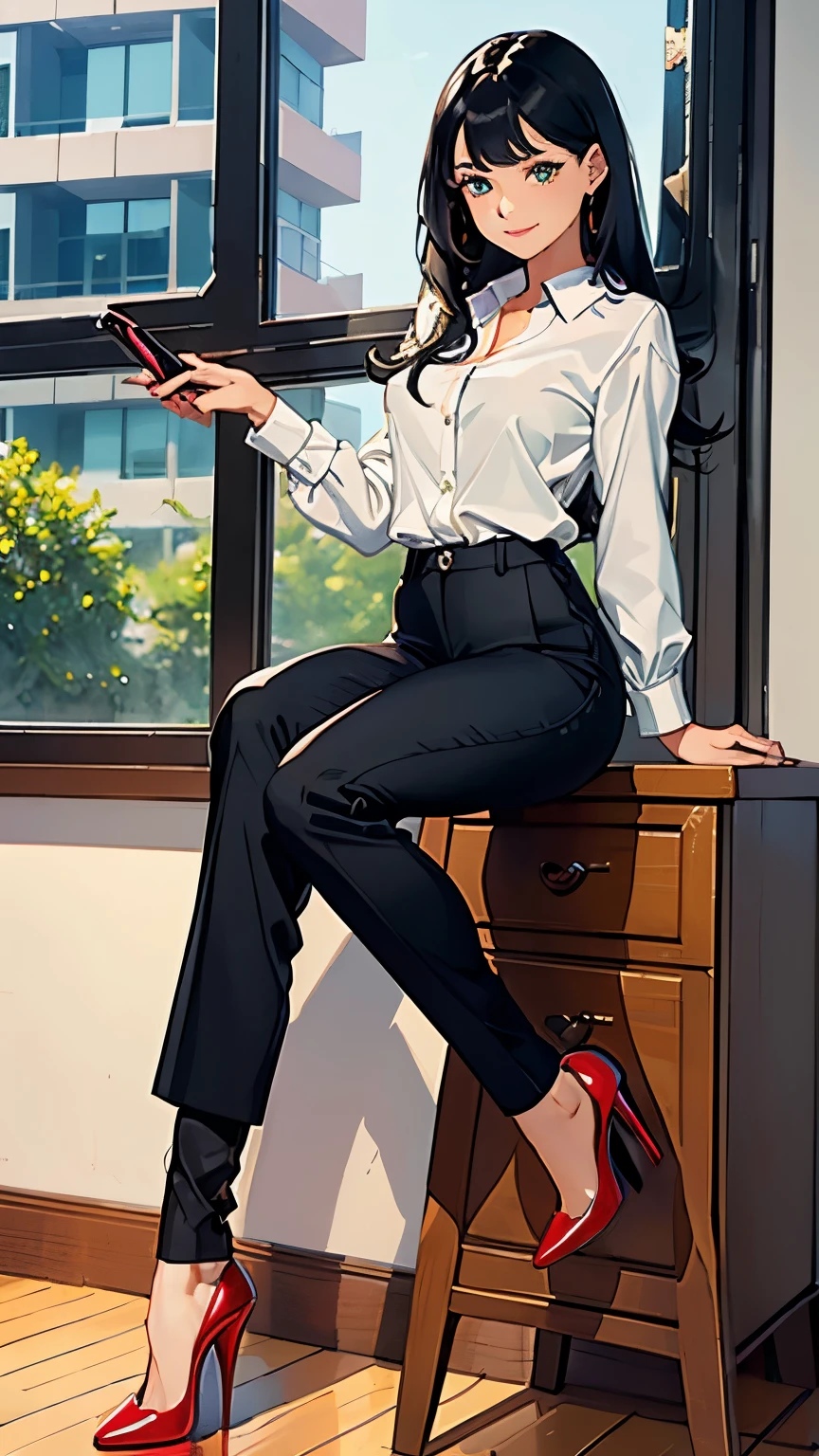 ((masterpiece, high resolution, better quality, better details)), ((Smiling)), ((one girl)) a girl speaking on the phone at a desk, full body, wearing a button-up blouse and wide-leg trousers, ((Louboutin high heels)), green eyes, ((black hair, long hair)), shiny skin, ((front view)), solo, from the front, full body, focus full body, business casual, surrounded by office supplies