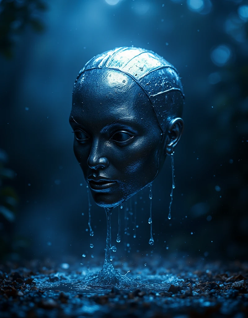 Book cover : dark ethereal blue , Foreground is a metal floating head sculpture with water dripping down from its head like sweat