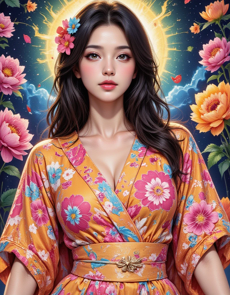 Woman wearing a Japanese very short yukata, Groovy retro vibes, Love and Peace Psychedelic, Hippie Girl Portrait and Flowers, Floral Hippie Art, Colorful Psychedelic Floral, flat Illustration