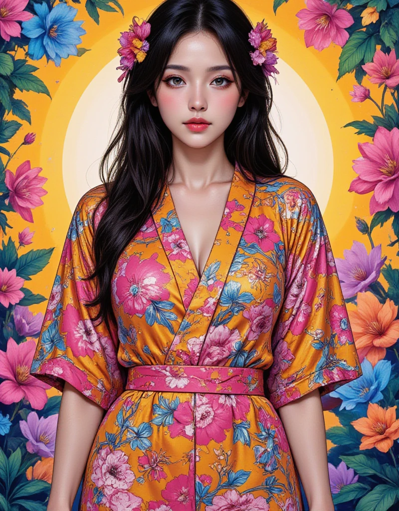 Woman wearing a Japanese very short yukata, Groovy retro vibes, Love and Peace Psychedelic, Hippie Girl Portrait and Flowers, Floral Hippie Art, Colorful Psychedelic Floral, flat Illustration