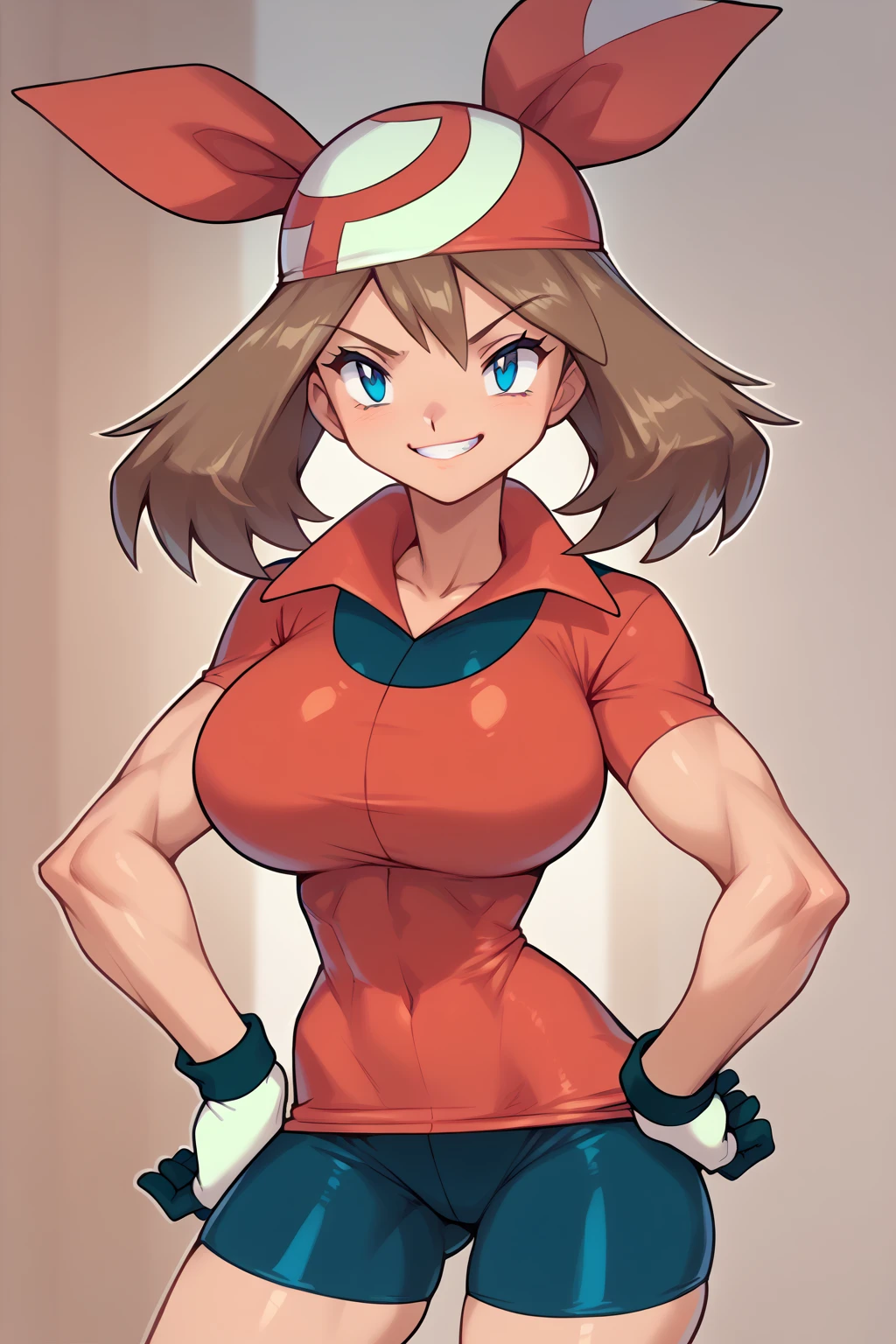 score_9, score_8_up, score_7_up, score_6_up, BREAK, zzMay, blue eyes, brown hair, short hair, red bandana, red shirt, short sleeves, gloves, black shorts, torso, smug smile, gigantic bust, toned, strong, bimbo body, 