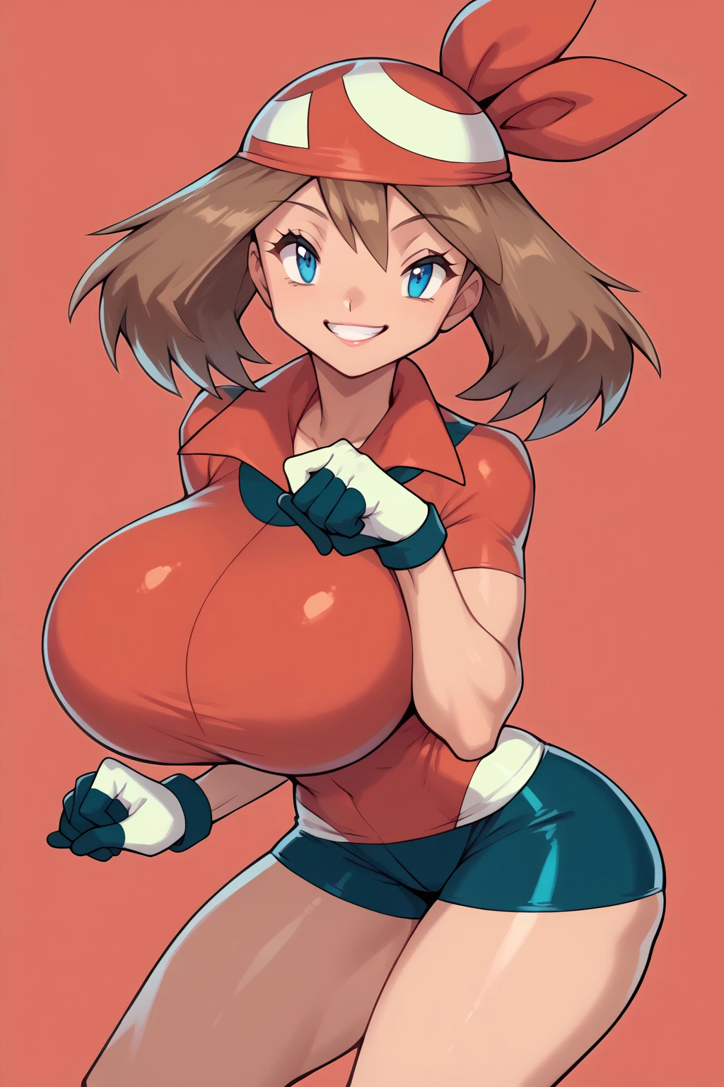 score_9, score_8_up, score_7_up, score_6_up, BREAK, zzMay, blue eyes, brown hair, short hair, red bandana, red shirt, short sleeves, gloves, black shorts, torso, smug smile, gigantic bust, toned, strong, bimbo body, 